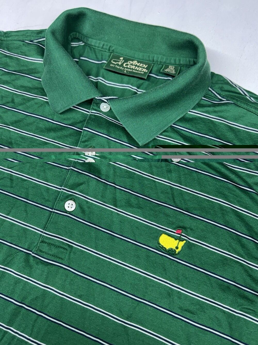 Masters Amen Corner Polo Shirt Mens Large Green Striped Pima Cotton Augusta GA